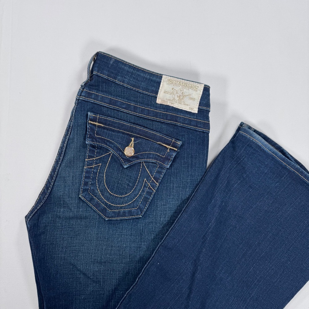True Religion Bootcut Jeans Womens 32 Flap Pocket Rhinestone Button Y2K Vtg USA - Picture 1 of 16